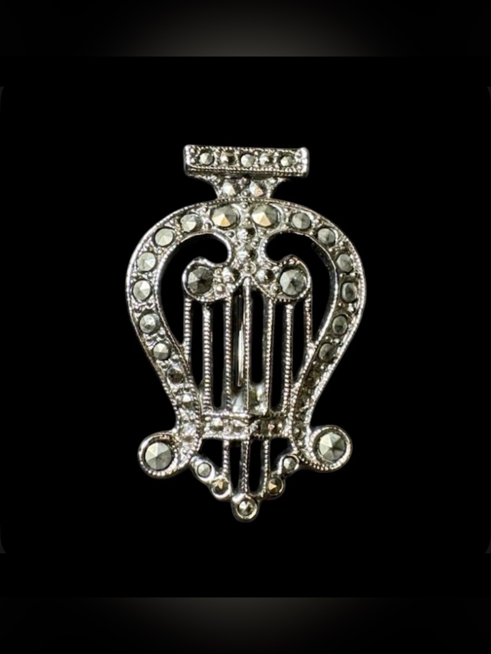 Harp Silver Rhinestone Clear Ora Pin Brooch Lapel Vintage Music Silver Tone